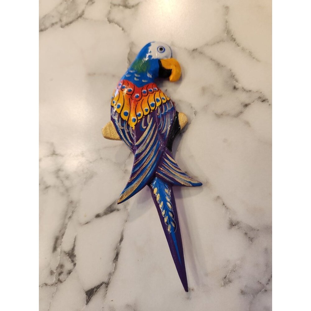 Vintage Hand-Painted Wood Parrot Brooch Pin